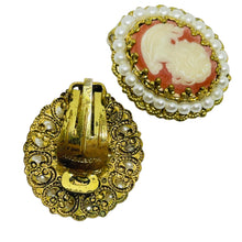 Load image into Gallery viewer, Vintage WESTERN GERMANY signed gold tone faux pearls cameo designer earrings