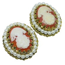Load image into Gallery viewer, Vintage WESTERN GERMANY signed gold tone faux pearls cameo designer earrings