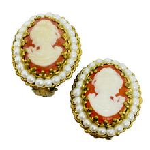 Load image into Gallery viewer, Vintage WESTERN GERMANY signed gold tone faux pearls cameo designer earrings