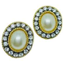 Load image into Gallery viewer, Vintage gold tone faux pearls rhinestones designer pierced earrings