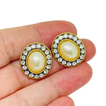 Load image into Gallery viewer, Vintage gold tone faux pearls rhinestones designer pierced earrings