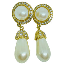 Load image into Gallery viewer, Vintage gold tone rhinestone dangle faux pearl 80's designer post earrings