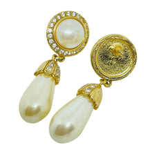 Load image into Gallery viewer, Vintage gold tone rhinestone dangle faux pearl 80's designer post earrings