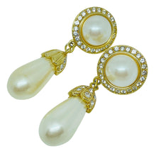 Load image into Gallery viewer, Vintage gold tone rhinestone dangle faux pearl 80's designer post earrings