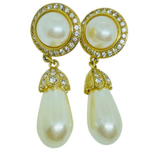 Load image into Gallery viewer, Vintage gold tone rhinestone dangle faux pearl 80's designer post earrings