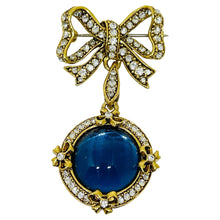 Load image into Gallery viewer, Vintage gold tone rhinestones bow dangle blue glass cab designer brooch