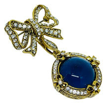 Load image into Gallery viewer, Vintage gold tone rhinestones bow dangle blue glass cab designer brooch