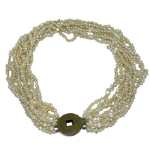Load image into Gallery viewer, Vintage natural pearls multi strand Chines coin set in sterling silver necklace