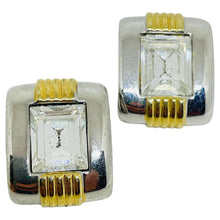 Load image into Gallery viewer, Vintage silver gold tone rhinestone modernist designer clip on earrings