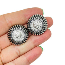 Load image into Gallery viewer, Vintage silver tone Etruscan coin designer clip on earrings