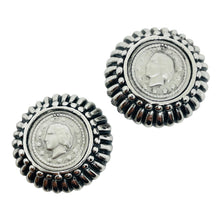 Load image into Gallery viewer, Vintage silver tone Etruscan coin designer clip on earrings