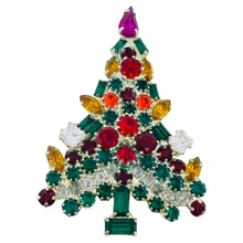 Load image into Gallery viewer, Vintage silver tone jewel green red pink glass Christmas tree designer brooch