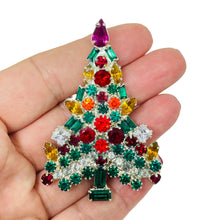 Load image into Gallery viewer, Vintage silver tone jewel green red pink glass Christmas tree designer brooch
