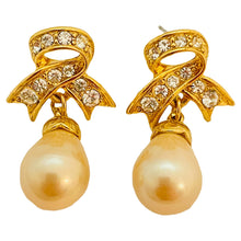 Load image into Gallery viewer, Vtg MARVELLA gold rhinestone pearl drop earrings designer runway