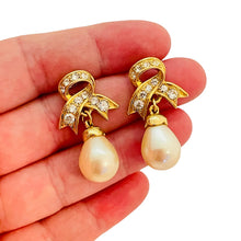 Load image into Gallery viewer, Vtg MARVELLA gold rhinestone pearl drop earrings designer runway