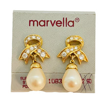 Load image into Gallery viewer, Vtg MARVELLA gold rhinestone pearl drop earrings designer runway
