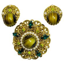 Load image into Gallery viewer, WESTERN GERMANY signed gold glass stones brooch earrings designer set