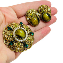 Load image into Gallery viewer, WESTERN GERMANY signed gold glass stones brooch earrings designer set