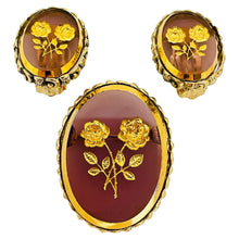 Load image into Gallery viewer, WHITING & DAVIS signed gold glass designer clip on earrings brooch set