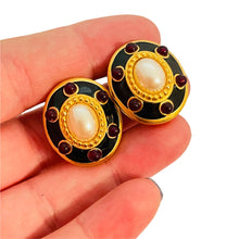 Load image into Gallery viewer, Vintage MONET gold enamel pearl red cabs designer runway clip on earrings