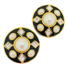 Load image into Gallery viewer, Vintage huge gold enamel pearl rhinestone massive designer runway clip on earrings