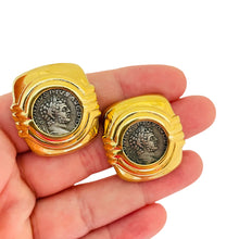 Load image into Gallery viewer, Vintage gold silver coin designer runway clip on earrings