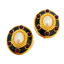 Load image into Gallery viewer, Vintage MONET gold enamel pearl red cabs designer runway clip on earrings