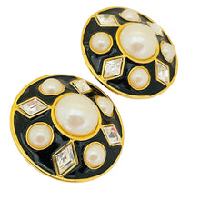Load image into Gallery viewer, Vintage huge gold enamel pearl rhinestone massive designer runway clip on earrings