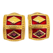 Load image into Gallery viewer, Vintage SWAROVSKI gold crystal enamel Etruscan designer runway clip on earrings