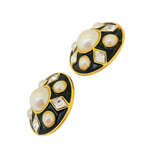 Load image into Gallery viewer, Vintage huge gold enamel pearl rhinestone massive designer runway clip on earrings
