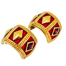 Load image into Gallery viewer, Vintage SWAROVSKI gold crystal enamel Etruscan designer runway clip on earrings