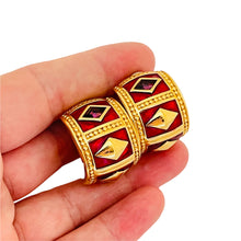 Load image into Gallery viewer, Vintage SWAROVSKI gold crystal enamel Etruscan designer runway clip on earrings