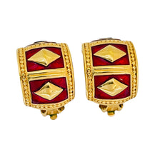 Load image into Gallery viewer, Vintage SWAROVSKI gold crystal enamel Etruscan designer runway clip on earrings