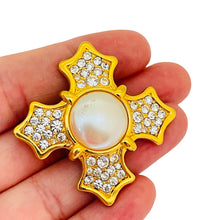Load image into Gallery viewer, Vintage MONET gold pearl crystal Maltese cross designer brooch