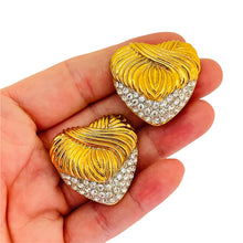 Load image into Gallery viewer, Vintage gold tone rhinestone heart clip on designer earrings