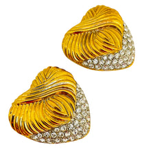 Load image into Gallery viewer, Vintage gold tone rhinestone heart clip on designer earrings