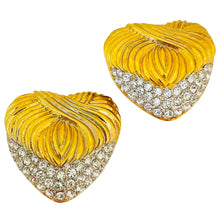 Load image into Gallery viewer, Vintage gold tone rhinestone heart clip on designer earrings