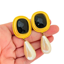 Load image into Gallery viewer, Vintage ANN TAYLOR gold black glass drop pearls clip on designer earrings
