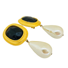 Load image into Gallery viewer, Vintage ANN TAYLOR gold black glass drop pearls clip on designer earrings