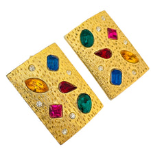 Load image into Gallery viewer, Vintage gold jewel rhinestones modernist designer runway clip on earrings