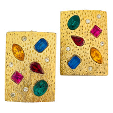 Load image into Gallery viewer, Vintage gold jewel rhinestones modernist designer runway clip on earrings
