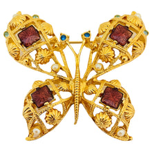 Load image into Gallery viewer, Vintage AVON huge butterfly gold enamel pearl rhinestone designer runway brooch