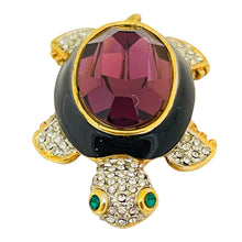 Load image into Gallery viewer, Vintage gold enamel glass amethyst turtle brooch