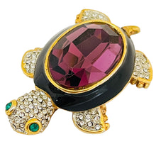 Load image into Gallery viewer, Vintage gold enamel glass amethyst turtle brooch