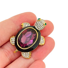 Load image into Gallery viewer, Vintage gold enamel glass amethyst turtle brooch