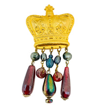 Load image into Gallery viewer, Vintage matte gold crown glass dangle brooch