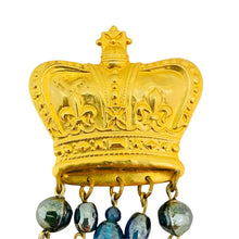 Load image into Gallery viewer, Vintage matte gold crown glass dangle brooch