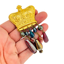 Load image into Gallery viewer, Vintage matte gold crown glass dangle brooch