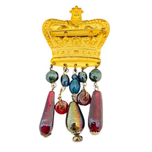 Load image into Gallery viewer, Vintage matte gold crown glass dangle brooch