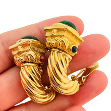 Load image into Gallery viewer, Vintage gold rope emerald gripoix cabochon designer runway clip on earrings
